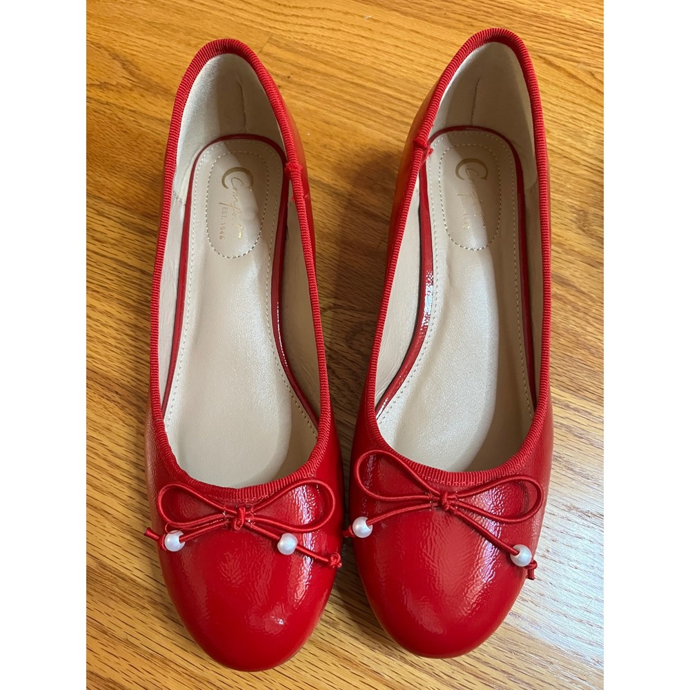 C Comfort Red Patent Bow Pearl Low Block Heel Pumps Womens 9W